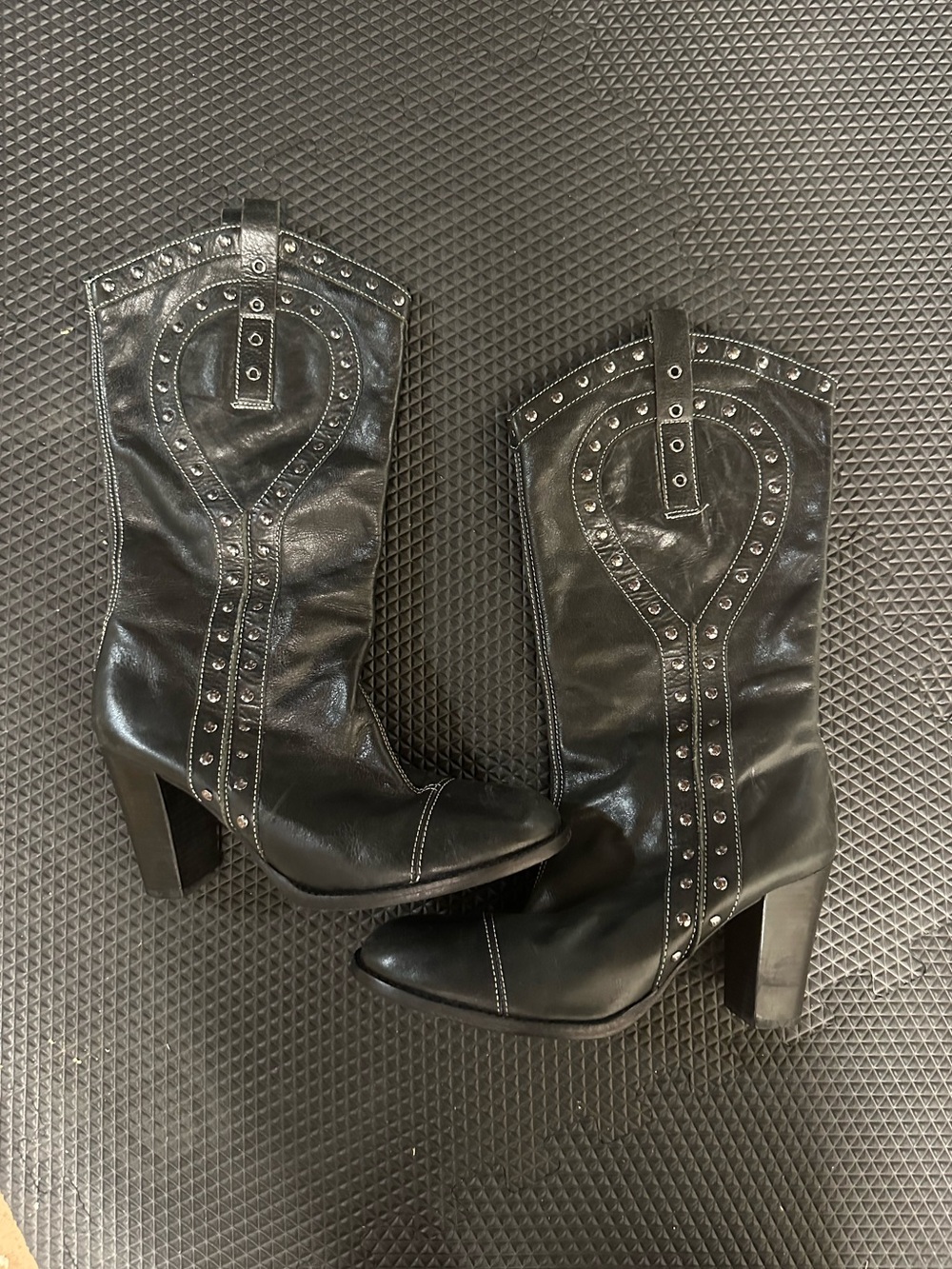 Black Studded Leather Heeled Boots